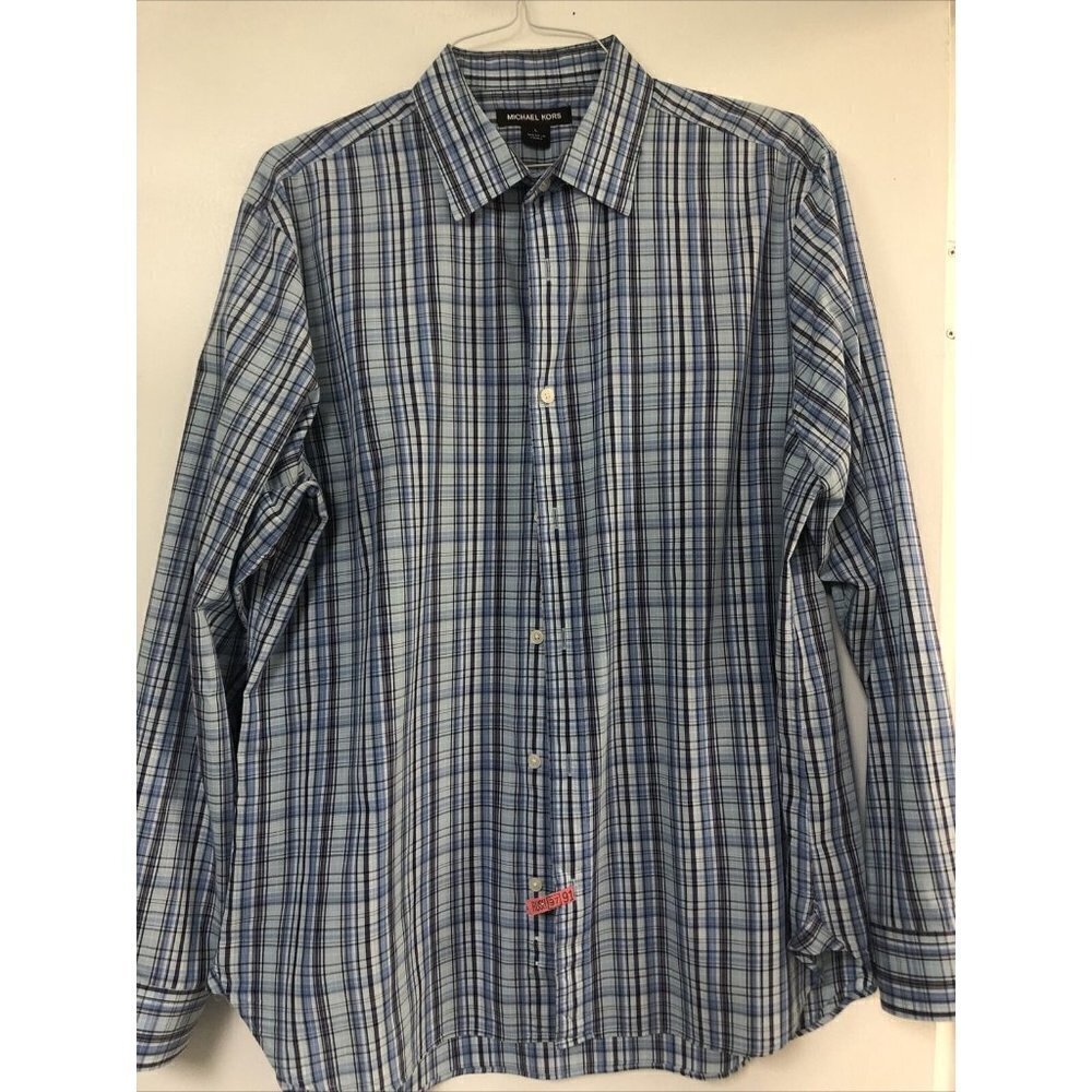 Michael Kors Men's Adult Sz L Button Shirt Long Sleeve Plaid Blue Plaid Cotton